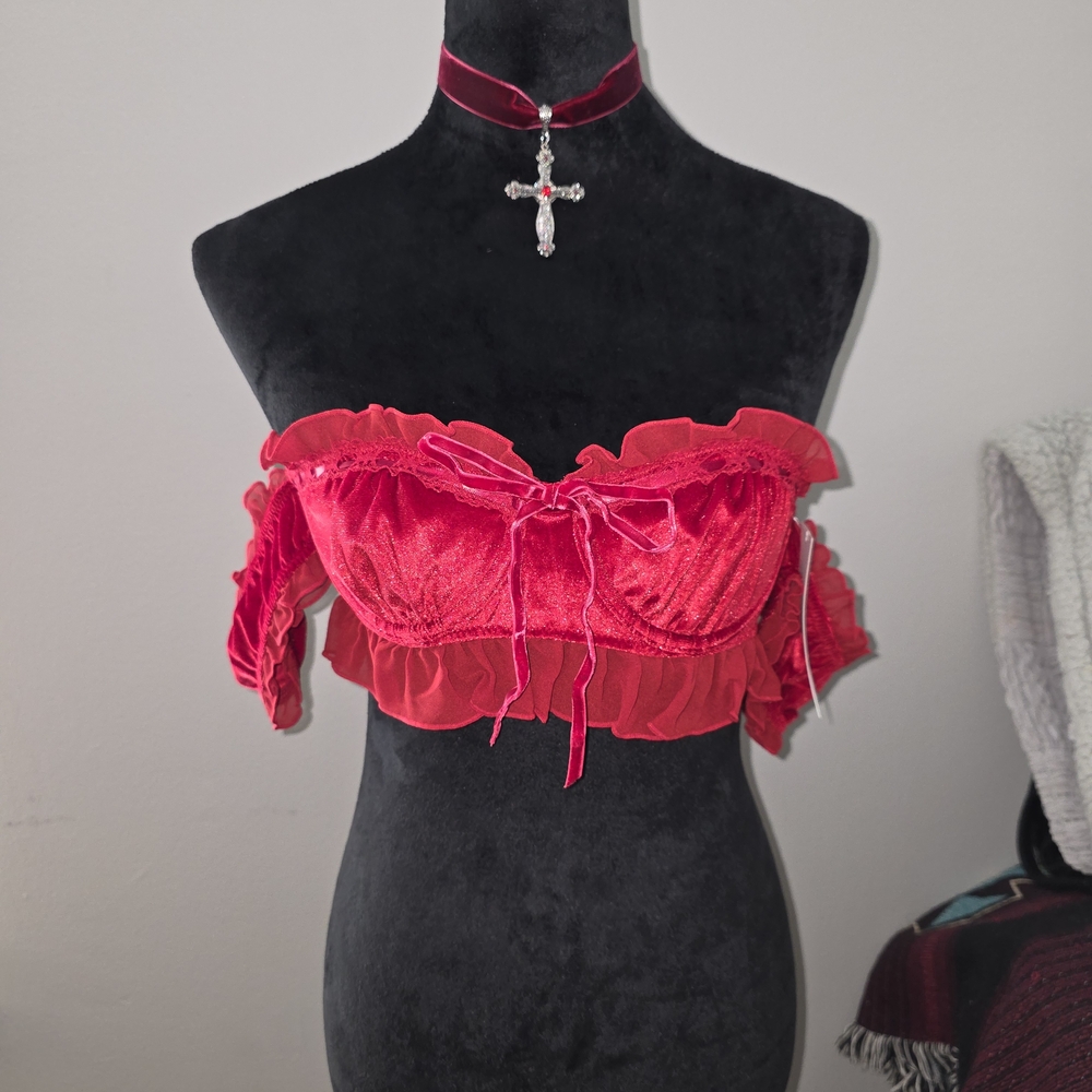 URBAN OUTFITTERS Red Off-Shoulder Ruffle Bralette Top